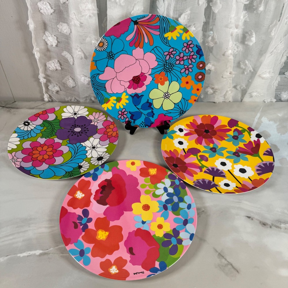 French Bull Vibrant Garden Floral Melamine Dinner Plates Set of 4 Colorful 11"